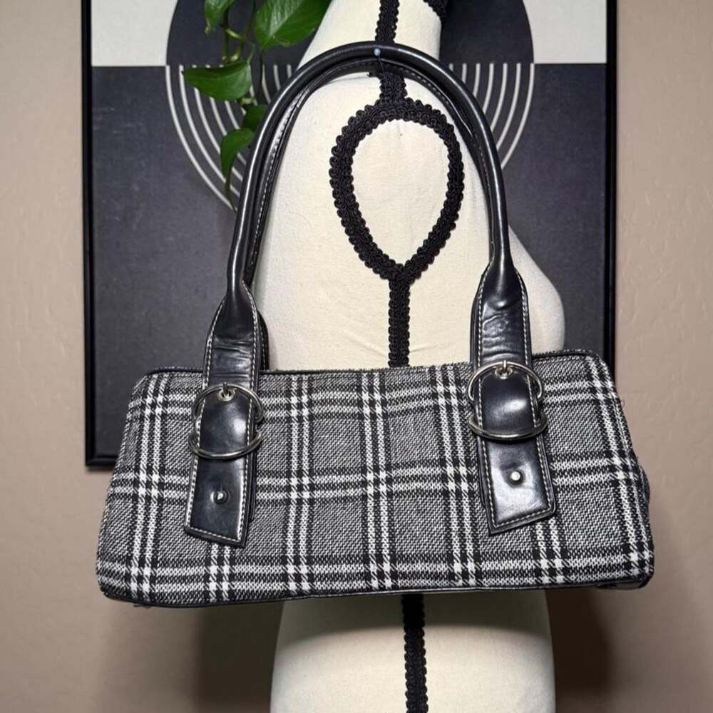 Y2K Black White Plaid Shoulder Bag East West Preppy Baguette Purse